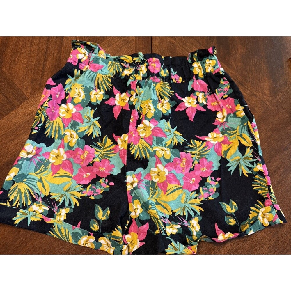Express X Rocky Barnes Shorts Womens Size M High Waisted Floral Linen Paper Bag - Picture 2 of 9